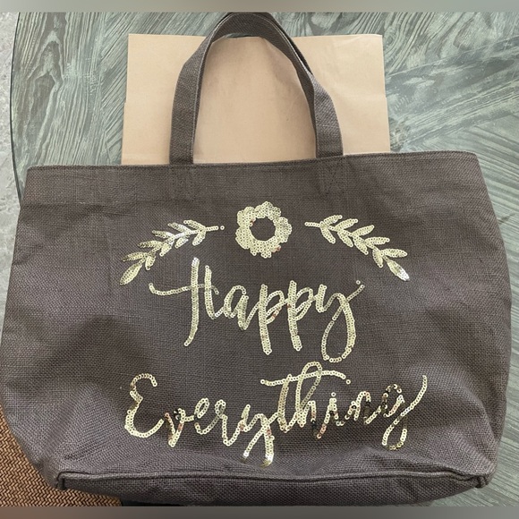 Olive & Hill Large sequin “Happy Everything” 100% Jute Tote. - Picture 8 of 16
